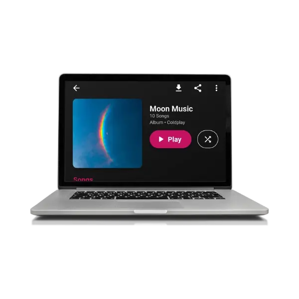 Youtify for PC – Easy Download & Install on Windows 10, 11, and Mac 2 Laptop displaying Moon Music album by Coldplay with play button, album cover art, and streaming interface.