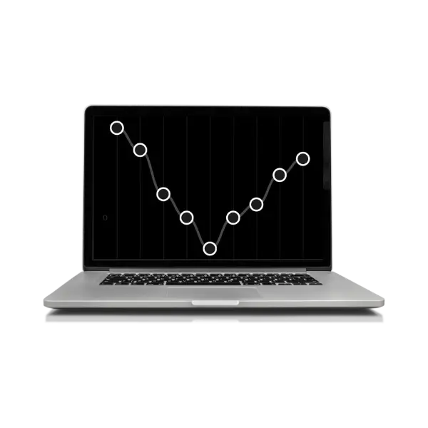 Youtify for PC – Easy Download & Install on Windows 10, 11, and Mac 3 Open laptop showing a black screen with a white line graph of Youtify equalizer customization and circular data points, illustrating trend movement.