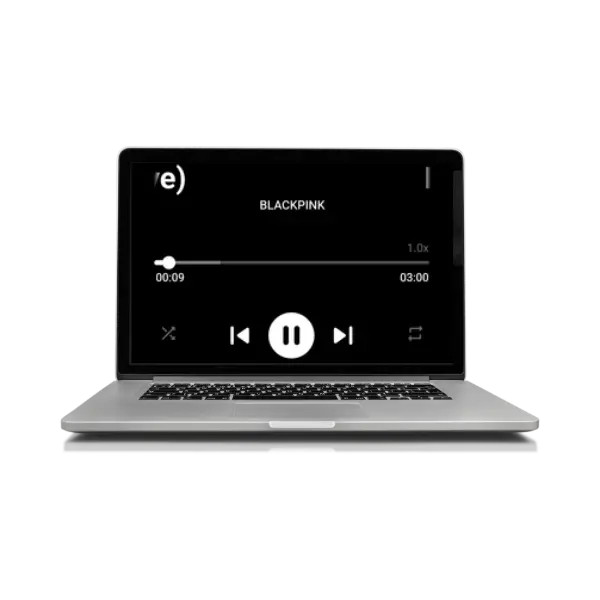 Youtify for PC – Easy Download & Install on Windows 10, 11, and Mac 4 Open laptop displaying a black music player screen playing BLACKPINK song with controls, timeline, and play button visible.